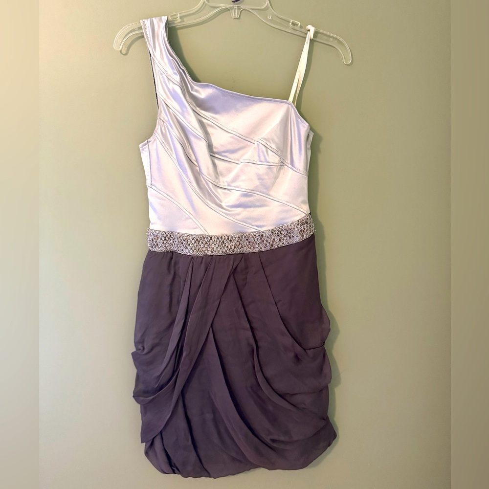 Cocktail and evening dress.  One shoulder. Silver and grey with beaded waist.